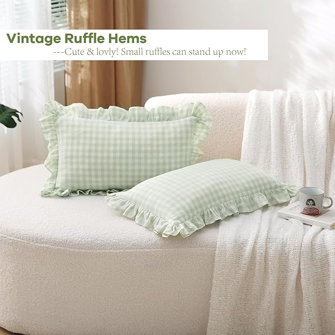 2 Pack Pile Green White Plaid Ruffle Gingham Lumbar Throw Pillow Covers - Image 3