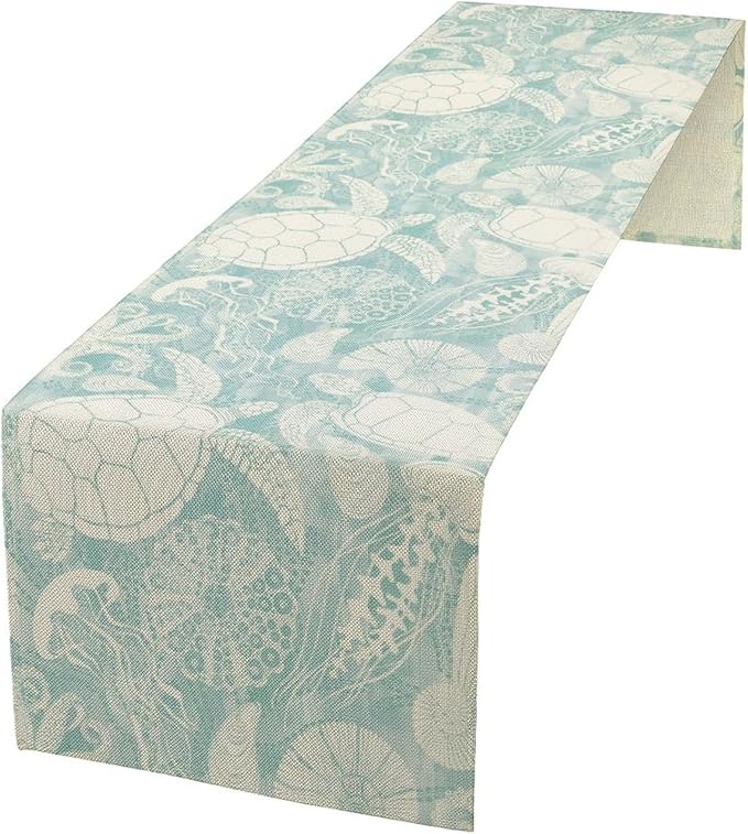 Marine Sea Turtle Table Runner, Ocean Beach Coral Starfish Seashell Table Runner by Unknown
