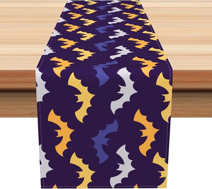 Happy Halloween Table Runner Purple Yellow White Bats Seasonal Holidays Indoor by Kzzfqxb