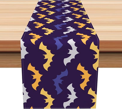 Happy Halloween Table Runner Purple Yellow White Bats Seasonal Holidays Indoor by Kzzfqxb