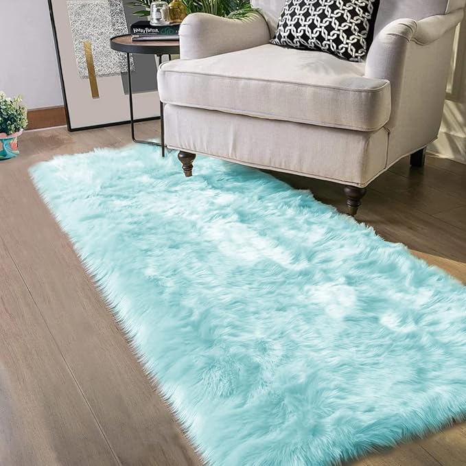 Latepis Blue Runner 2x5 Faux Sheepskin Rug Washable Fur Rug Living Room Carpet - Image 7