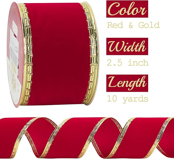 MEEDEE 2.5 Inch Red Velvet Christmas Ribbon 10 Yards Velvet Wired Ribbons - Image 2