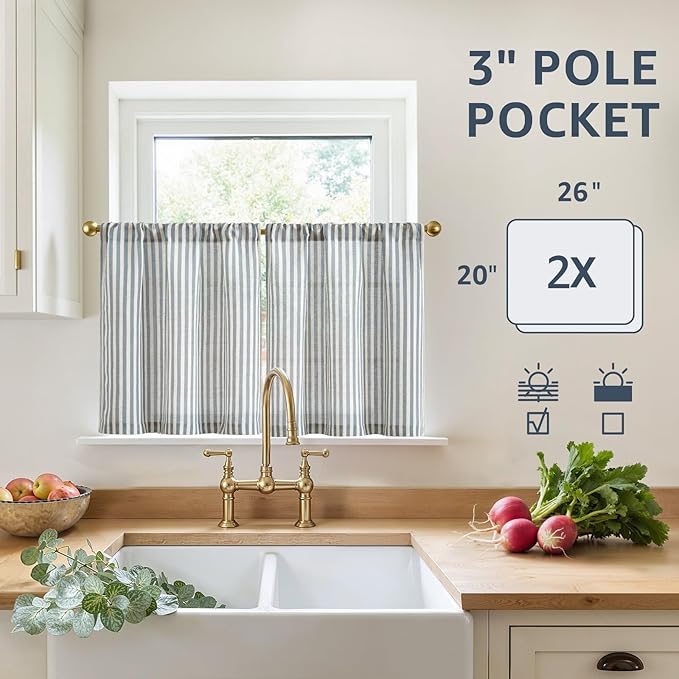 jinchan Striped Linen Kitchen Curtains 20 Inches Length Tier Curtains Farmhouse - Image 5