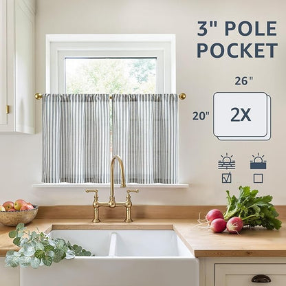 jinchan Striped Linen Kitchen Curtains 20 Inches Length Tier Curtains Farmhouse - Image 5