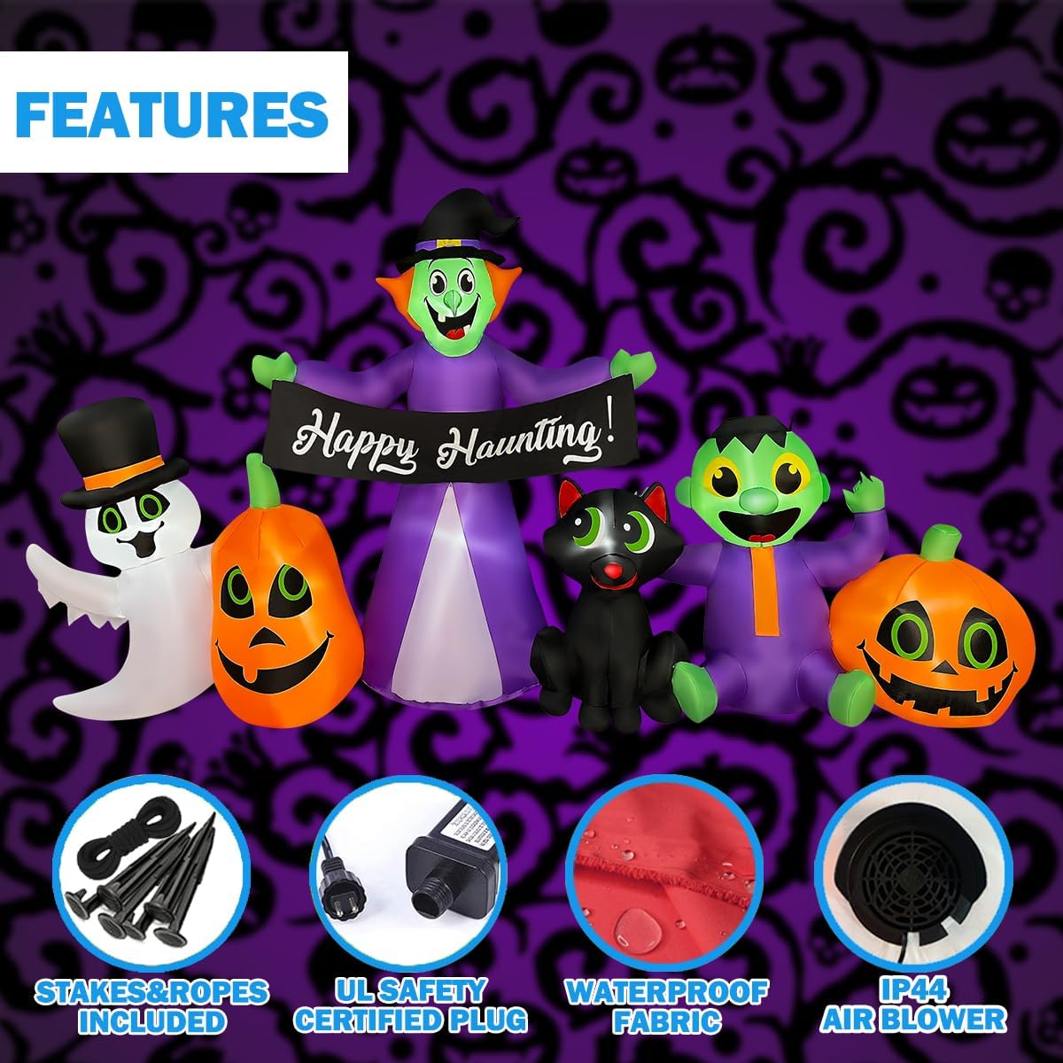 BLOWOUT FUN 8Ft Halloween Inflatable Witch,Ghost,Frankenstein,Cat,Pumpkin
