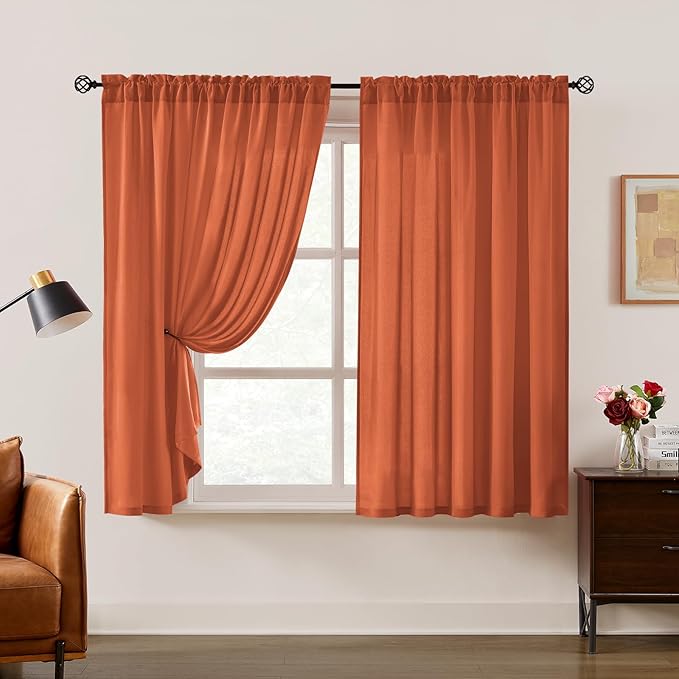 HOMEIDEAS Fall Burnt Orange Privacy Semi Sheer Curtains Non-See-Through 45 by HOMEIDEAS