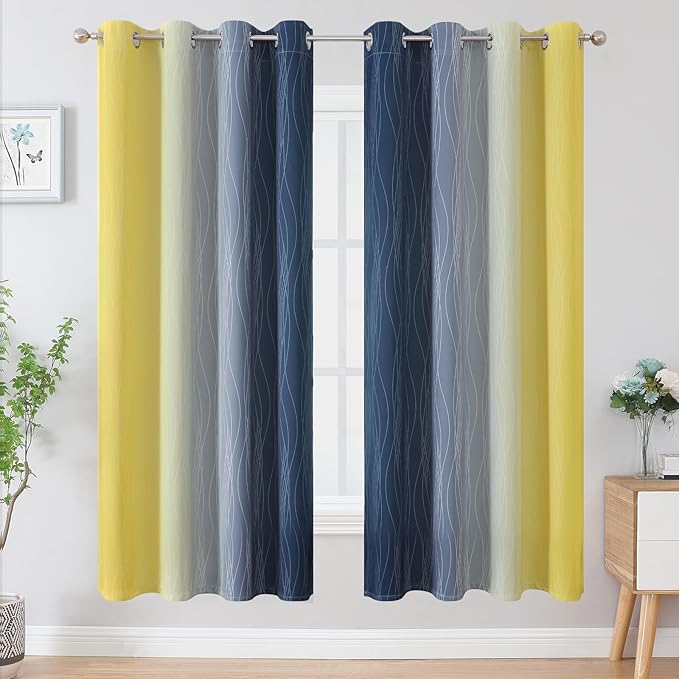 Estelar Textiler Navy Blue and Yellow Blackout Curtains 72 Inch Length 2 Panels - Image 2