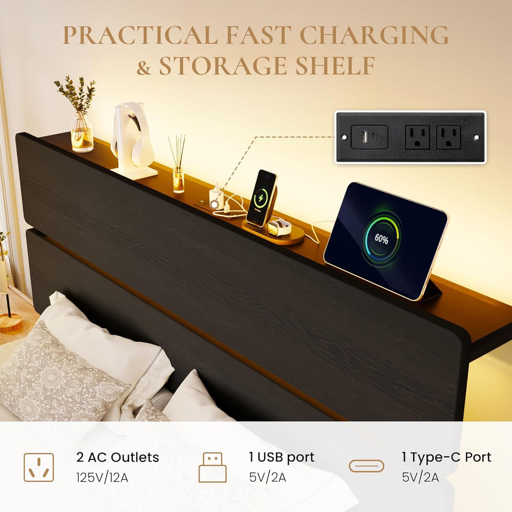 SHA CERLIN Queen Size Bed Frame, Led Light, Charging Station, Storage Shelf