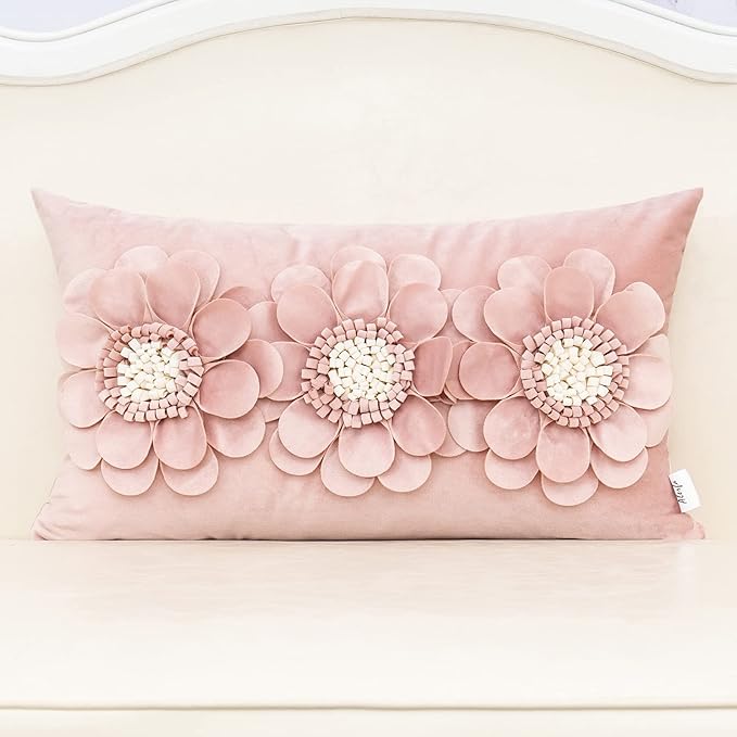 Alerfa 3D Flower Handmade Throw Pillow Cover Decorative Pink Velvet Pillowcase by Alerfa