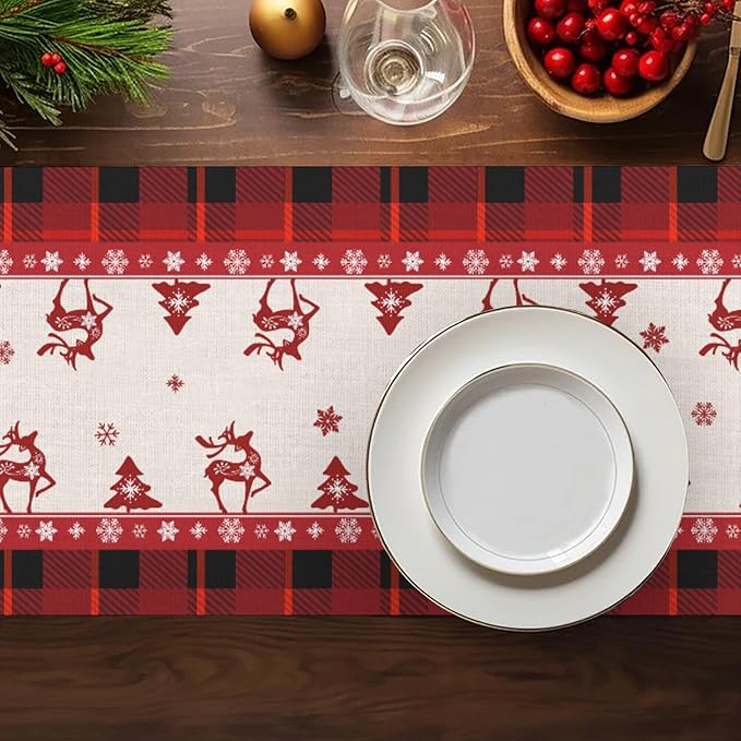 Merry Christmas Table Runner, Snowman Deer Elk Christmas Tree Table Runners - Image 5