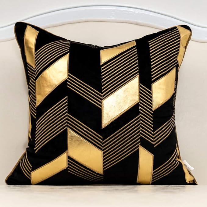 Alerfa 20 x 20 Inches Black Geometric Gold Leather Striped Cushion Cases by Alerfa