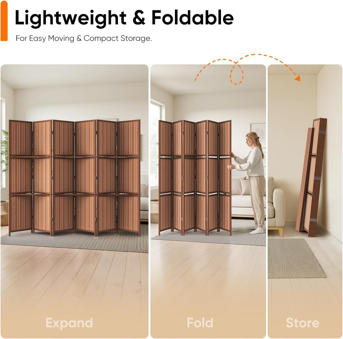 jostyle bamboo room divider with shelves, 6-panel privacy showing dimensions