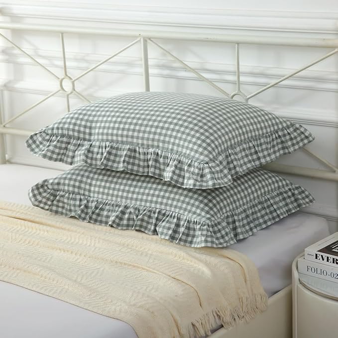 Vintage Dusty Green Plaid Ruffle Pillow Shams Standard Size Set of 2, Washed - Image 4
