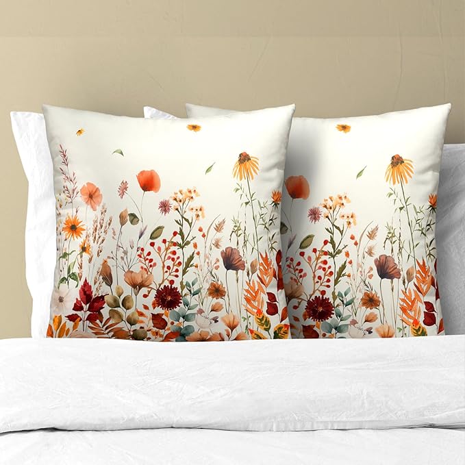Fall Floral Throw Pillow Covers 22x22inch Set of 2 Autumn Flowers Harvest - Image 3