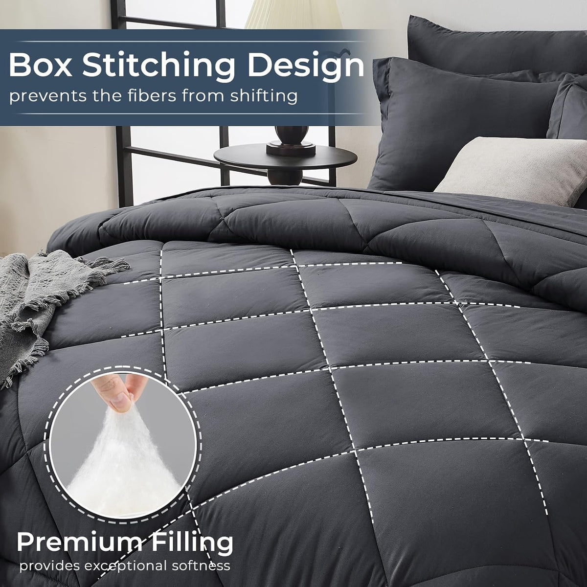 hevumyi 7-piece full comforter set, dark grey bed, side view