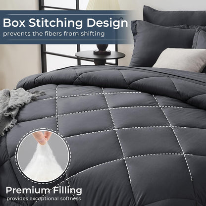 hevumyi 7-piece full comforter set, dark grey bed, side view
