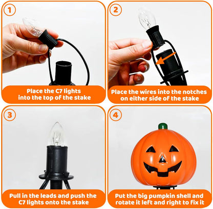 2 Sets 7Ft Halloween Decorations Pathway Lights Outdoor Pumpkin Stake Lights with 8 Jack-O Lantern Pumpkin Lights, 5 C7 LED Bulbs and 8 Stakes for Walkway Driveway Garden Lawn Lighting and Decor