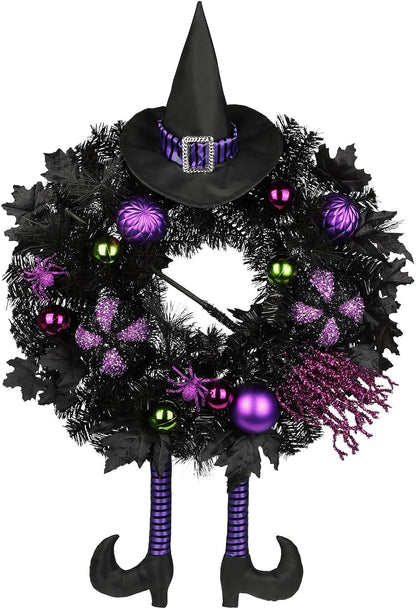 Halloween Wreath for Front Door 26" Tinsel Black Witch Wreath with Hat Legs and Purple Pumpkin for Fall Autumn Indoor Window Door Thanksgiving Halloween Decorations