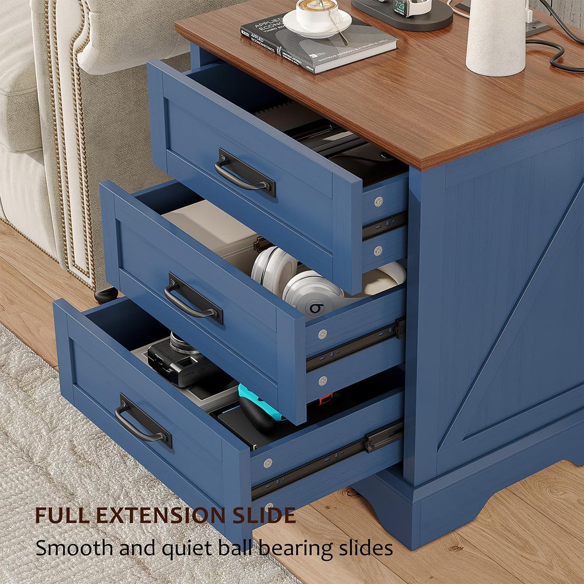 whalefall 3 drawers farmhouse nightstand with charging station showing dimensions