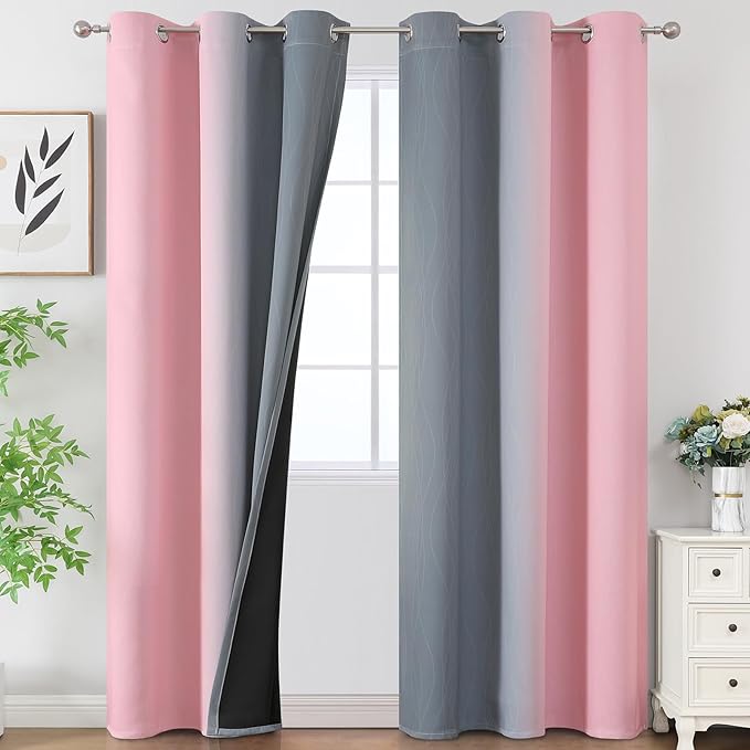Pink and Grey Blackout Curtains 84 inches Long, Ombre Full Room Darkening by ESTELARTEXTILER