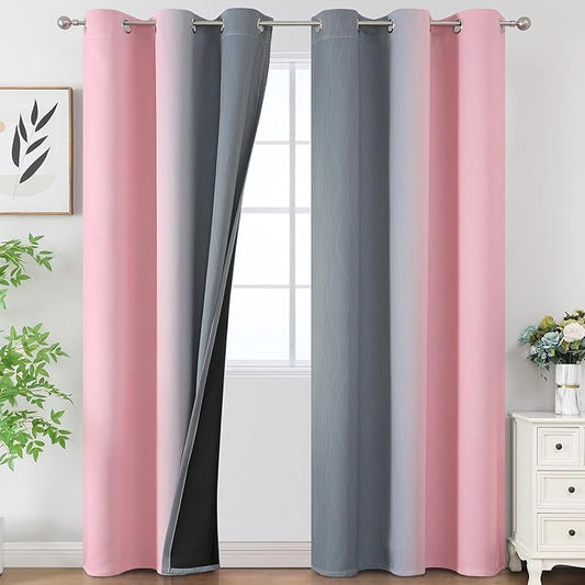 Pink and Grey Blackout Curtains 84 inches Long, Ombre Full Room Darkening by ESTELARTEXTILER