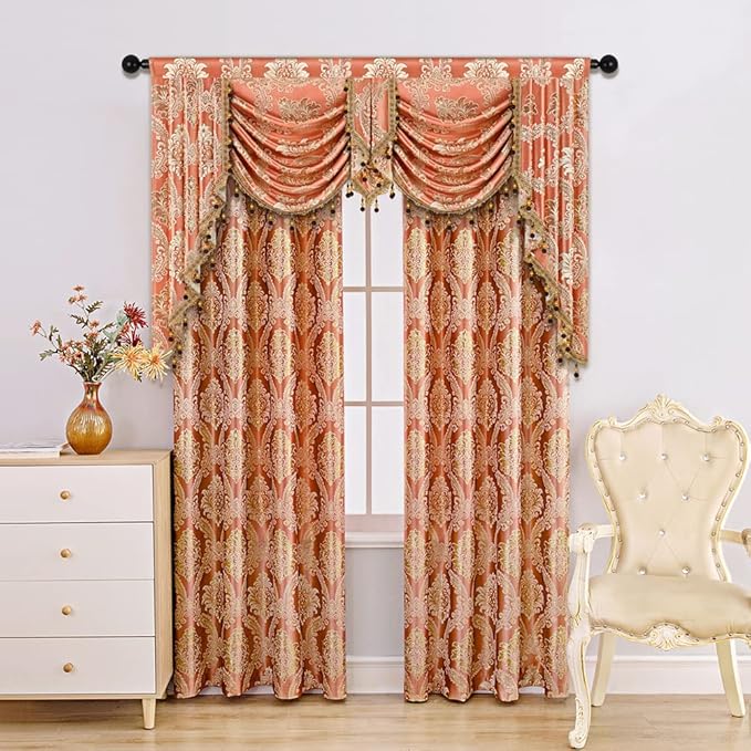 ELKCA Golden Damask Jacquard Swag Waterfall Valance Luxury Curtain Valance - Image 2