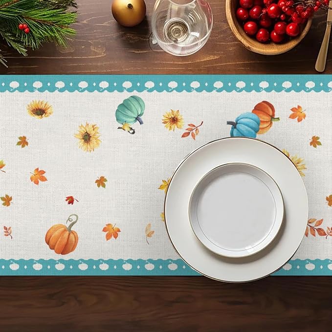Thanksgiving Table Runner, Pumpkin Linen Farmhouse Table Runners, Kitchen - Image 7