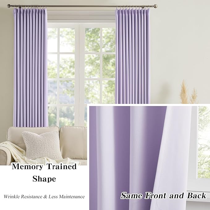 KEQIAOSUOCAI Light Purple Pinch Pleated Lilac Curtains Blackout 84 Inch Long - Image 6