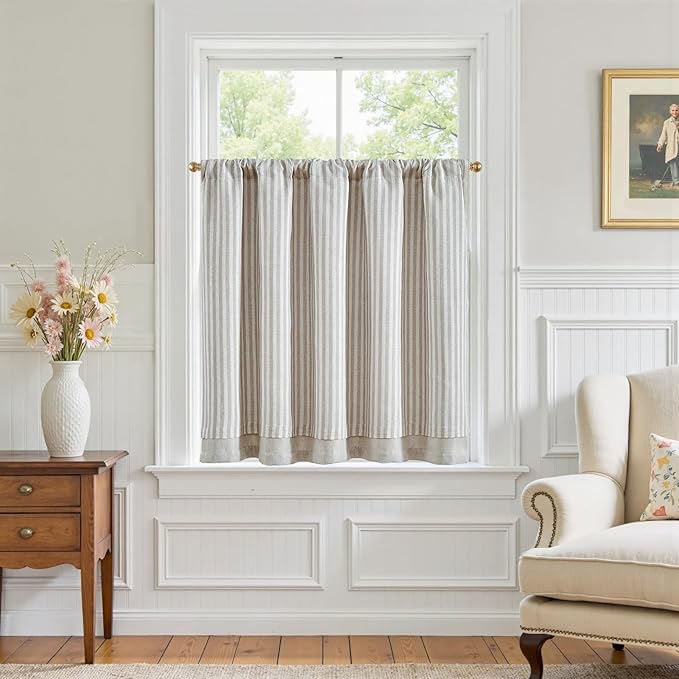 jinchan Double Layer Striped Linen Kitchen Tier Curtain Rustic Cafe by JINCHAN