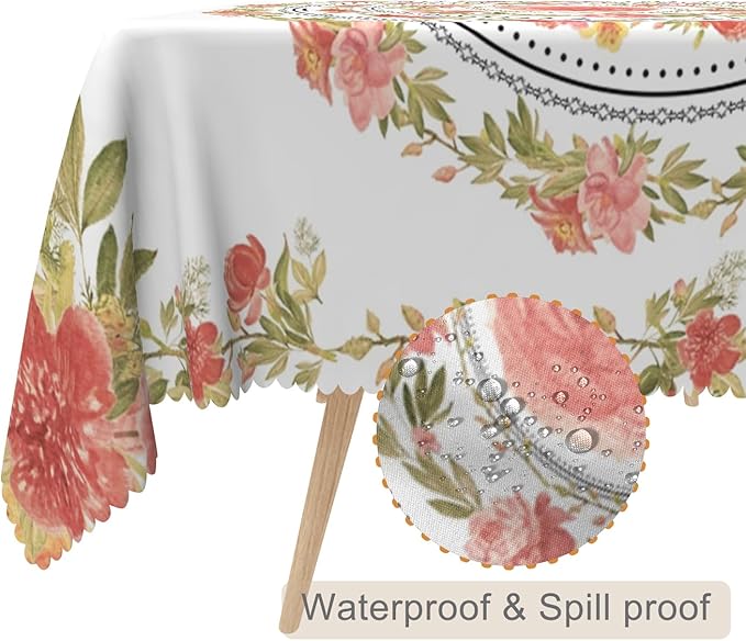 70x120inches Floral Rectangle Tablecloth Pink Rose Flower Wreath Printed - Image 2