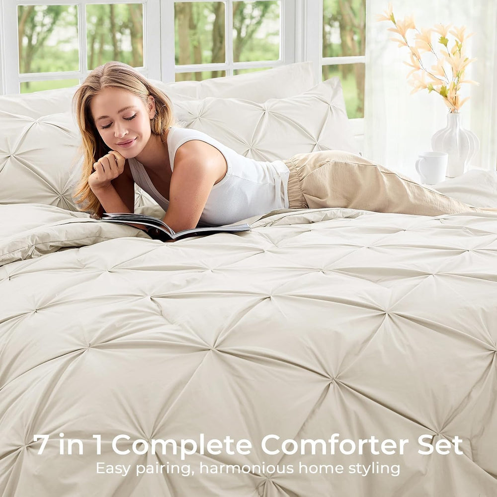 Sasttie King Size Comforter Set, 7-Piece Bed in a Bag, Pintuck Bedding Set fo...