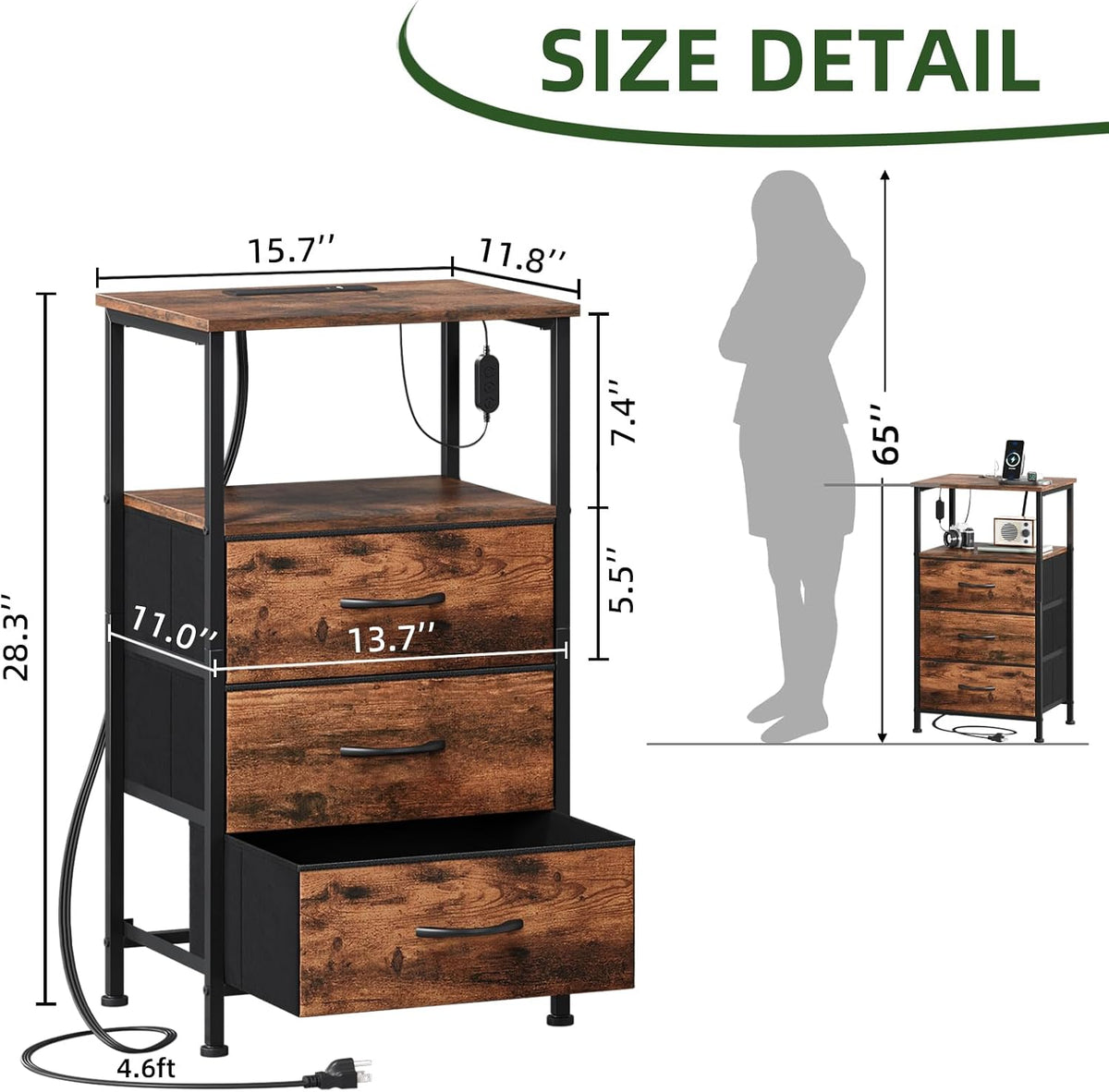 somdot tall nightstand with 3 drawers, charging station, close-up detail