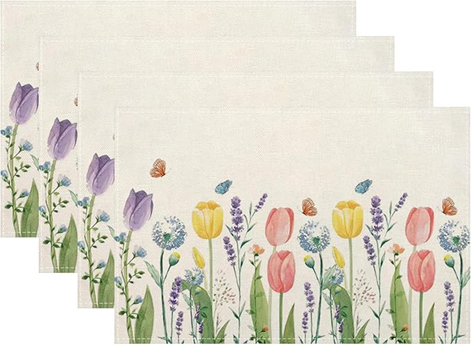 Spring Placemats Set of 4, Tulip Lavender Flower Decorative Table Mat 12 x 18 by Sunshineyan