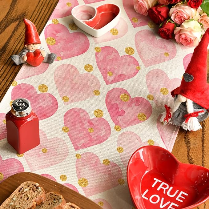 Artoid Mode Golden Pink Love Valentine's Table Runner, Seasonal Anniversary - Image 4