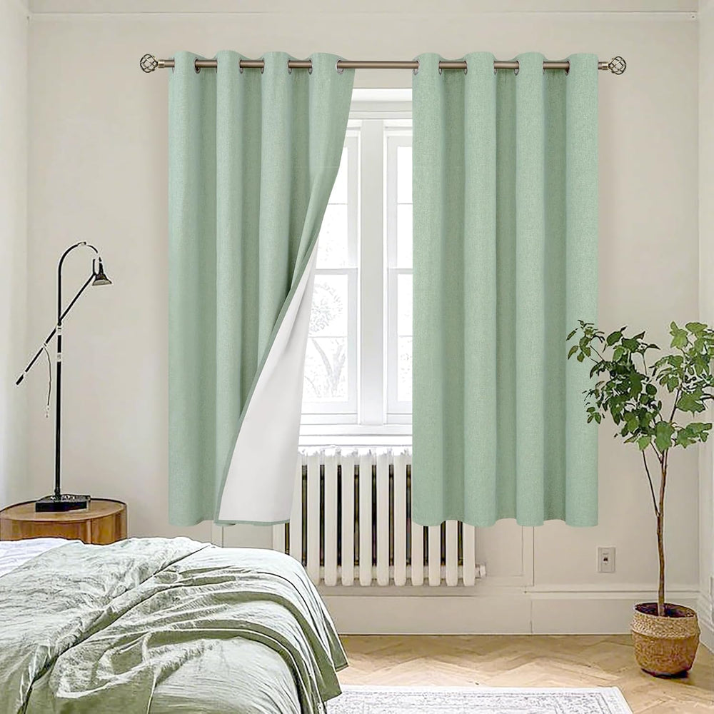YoungsTex Light Sage Green Linen Blackout Curtains 63 Inch Long 2 Panels