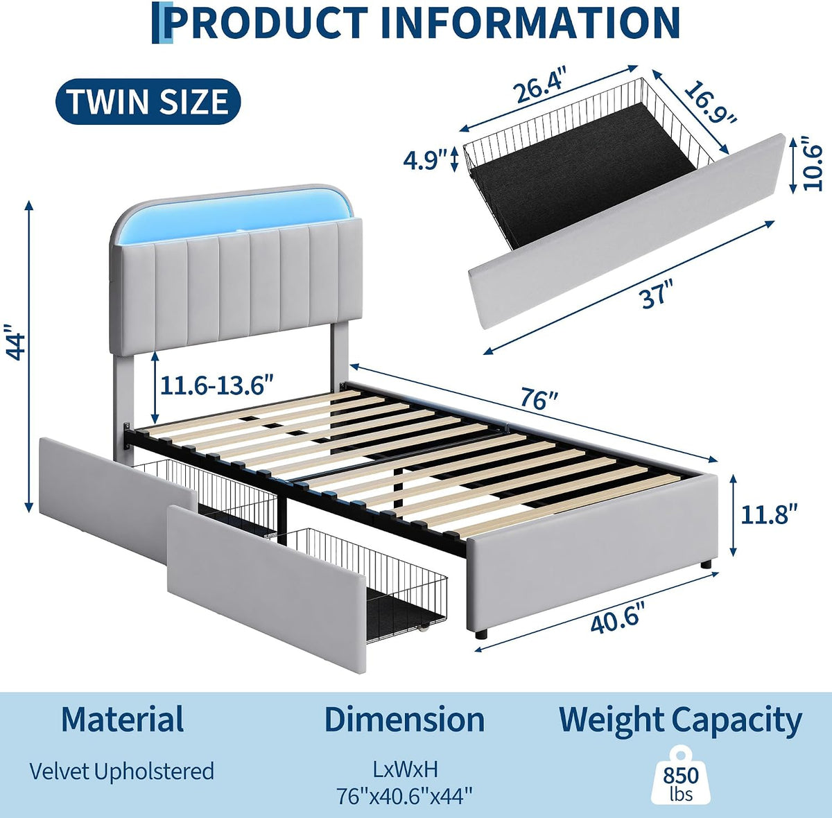 garveehome twin bed frame, platform bed with storage, close-up detail