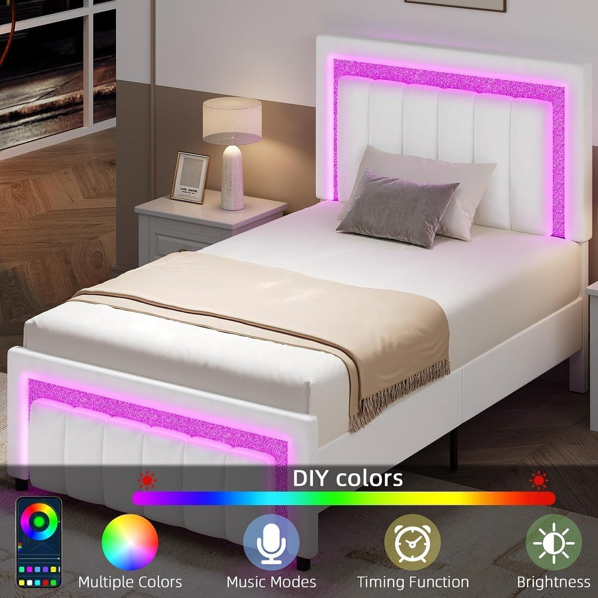 hombck twin bed frame with led lights and, close-up detail
