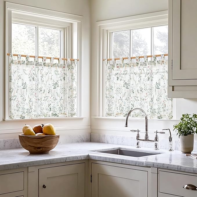 JINCHAN Linen Kitchen Curtain Floral Printed Tier Curtain 24 Inch Farmhouse - Image 2
