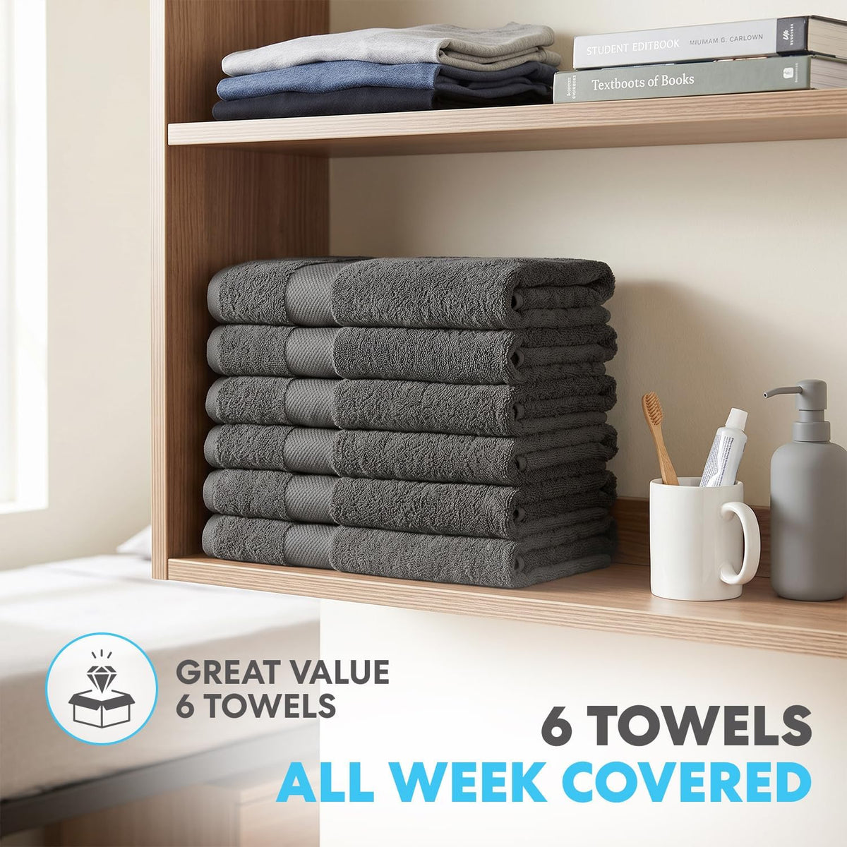 simpli-magic cotton bath towels, 25”x50”, gray, 6 pack showing dimensions