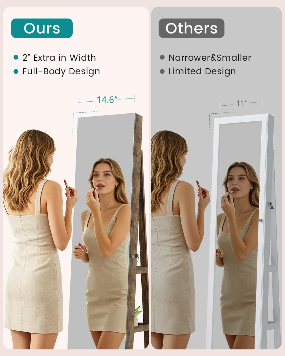 HWB 360° Swivel Mirror Jewelry Cabinet, 3 LED Lights, Lockable, Brown