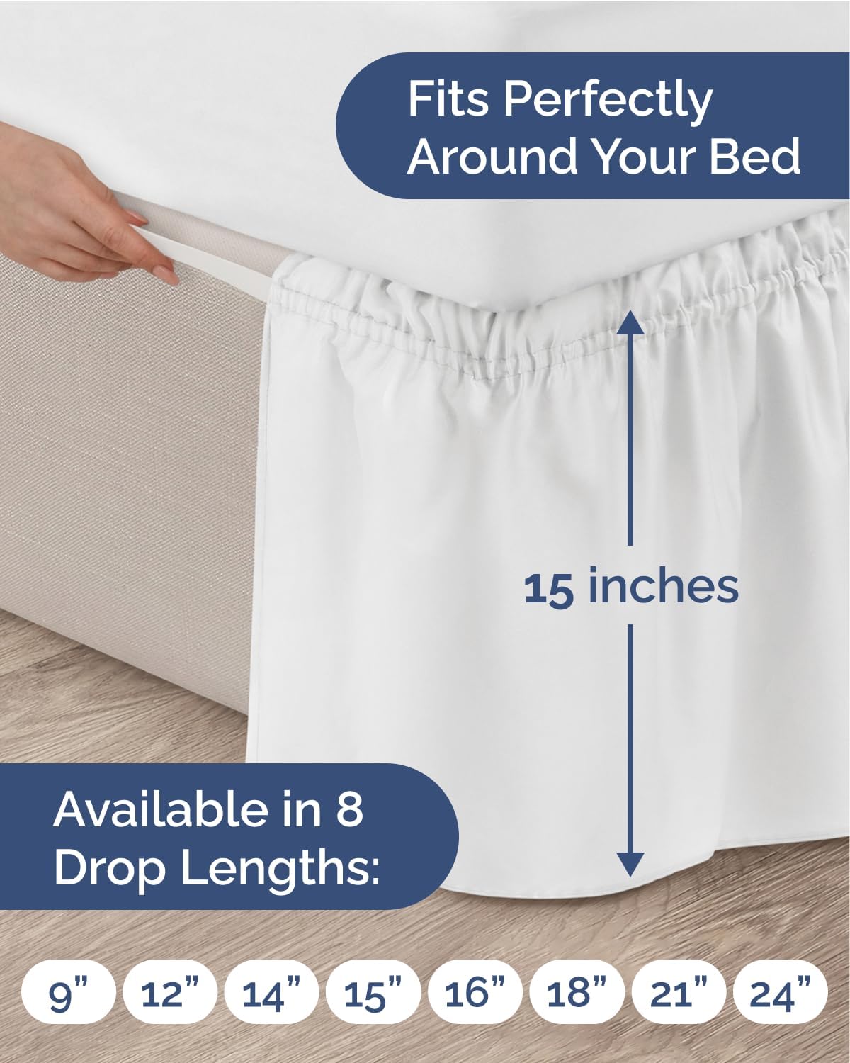 Wrap Around Dust Ruffle Bed Skirt - White - for Queen Size Beds with 15 Inch Drop - Easy Fit Elastic Strap - Adjustable Pleated Bedskirt w/Brushed Fabric - Wrinkle Free - for Women, Men, Kids & Teens