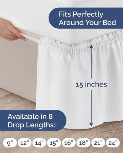 Wrap Around Dust Ruffle Bed Skirt - White - for Queen Size Beds with 15 Inch Drop - Easy Fit Elastic Strap - Adjustable Pleated Bedskirt w/Brushed Fabric - Wrinkle Free - for Women, Men, Kids & Teens