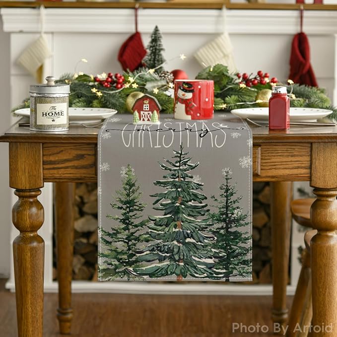 Artoid Mode Pine Tree Snowflake Merry Christmas Table Runner, Seasonal Winter - Image 7