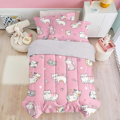 Cat Duvet Cover Sets Full Size for Kids Girls, Incude 1 Polyester Comforter by SANDJEST