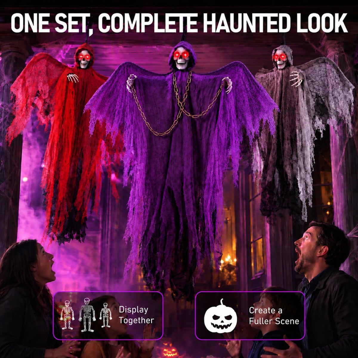 71" Halloween Hanging Skeleton Ghosts with Moving Grabbing Arm, Scary Sound & Glowing Red Eyes, 3 Pack Halloween Decorations Outdoor Flying Grim Reaper Set for Yard Porch Haunted House Props Décor