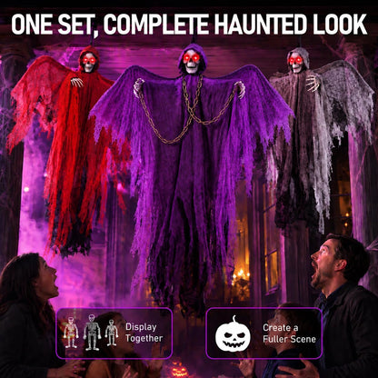 71" Halloween Hanging Skeleton Ghosts with Moving Grabbing Arm, Scary Sound & Glowing Red Eyes, 3 Pack Halloween Decorations Outdoor Flying Grim Reaper Set for Yard Porch Haunted House Props Décor