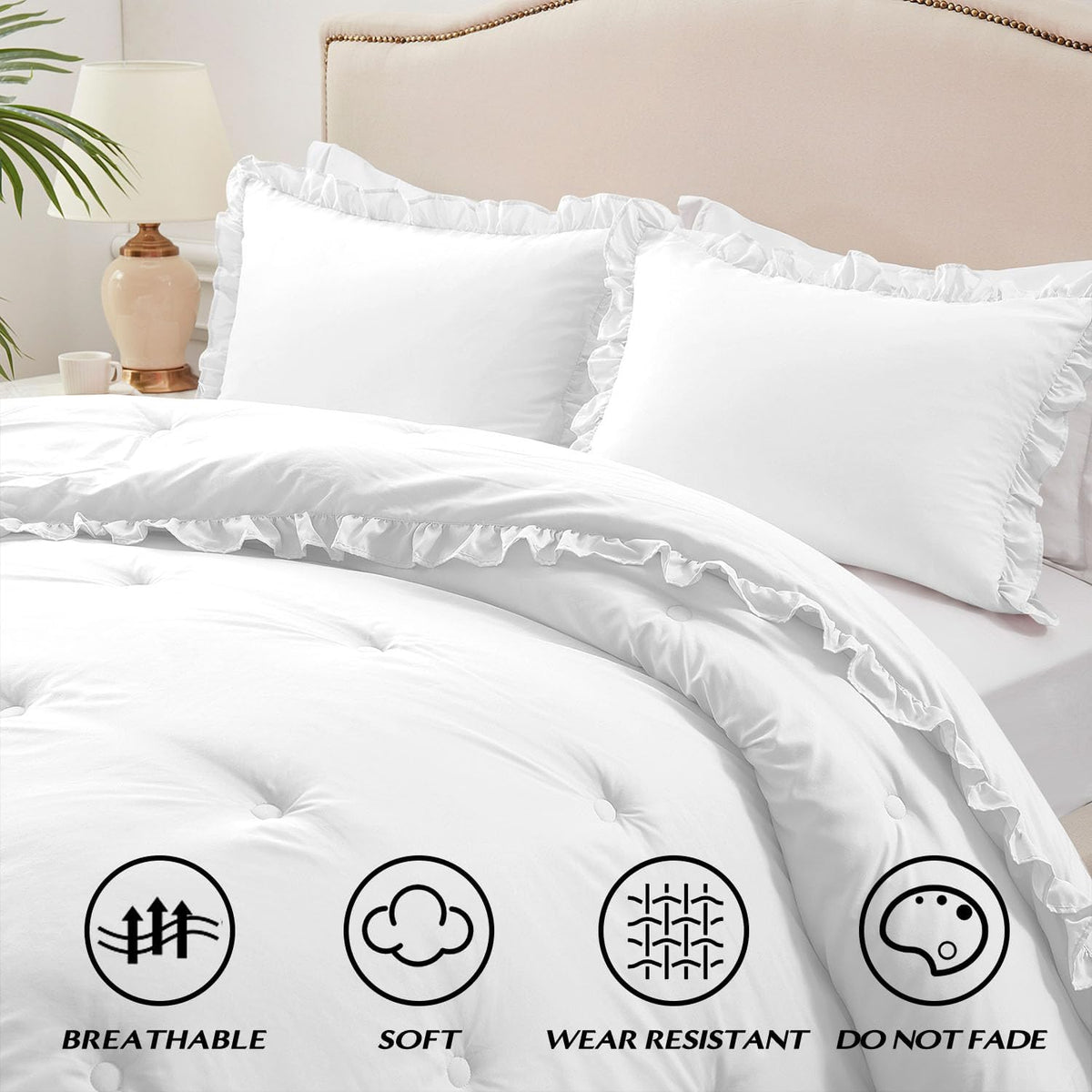 harborest full comforter - white ruffle comforter for, close-up detail