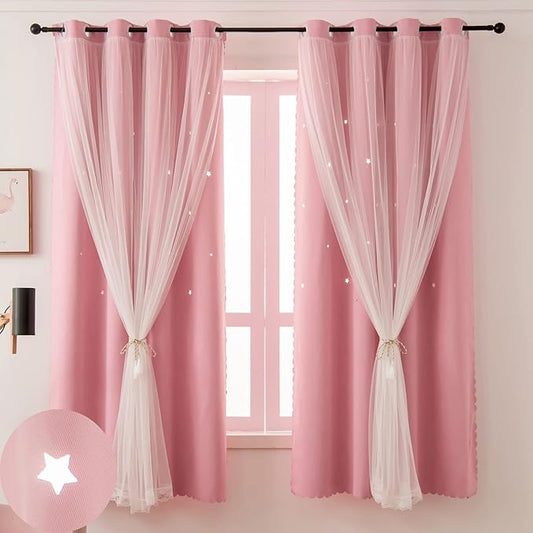 Pink Curtains for Girls Room- Aesthetic Star Cutout Blackout Double Layer by Ftinala