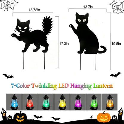 Halloween Spooky 2 Types Black Cat Yard Signs with Lantern(2PCS)