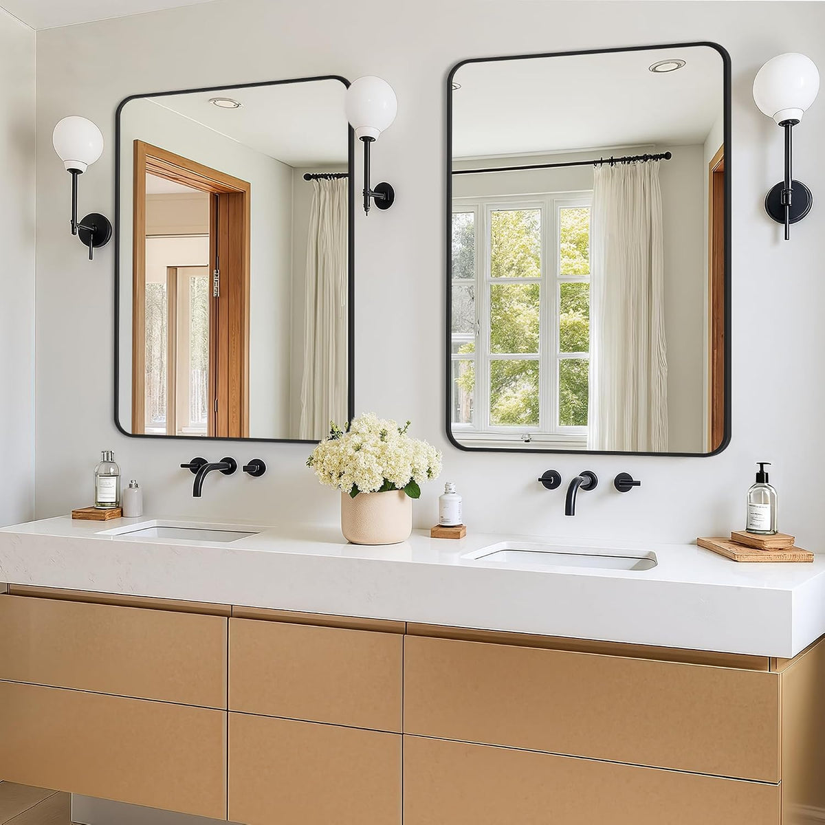 vanity black bathroom mirror for over sink, 2, close-up detail